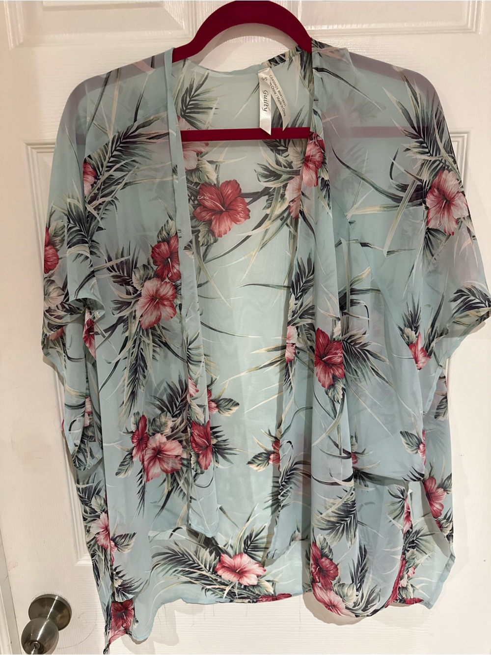 Guilty Floral Sheer Kimono - Light Blue with Coral Hibiscus